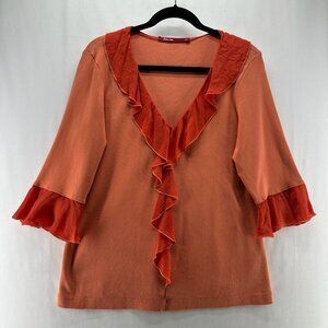Barbara Lesser Fibers Blouse Size XL Ruffled Ribbed Jersey 3/4 Sleeve Orange